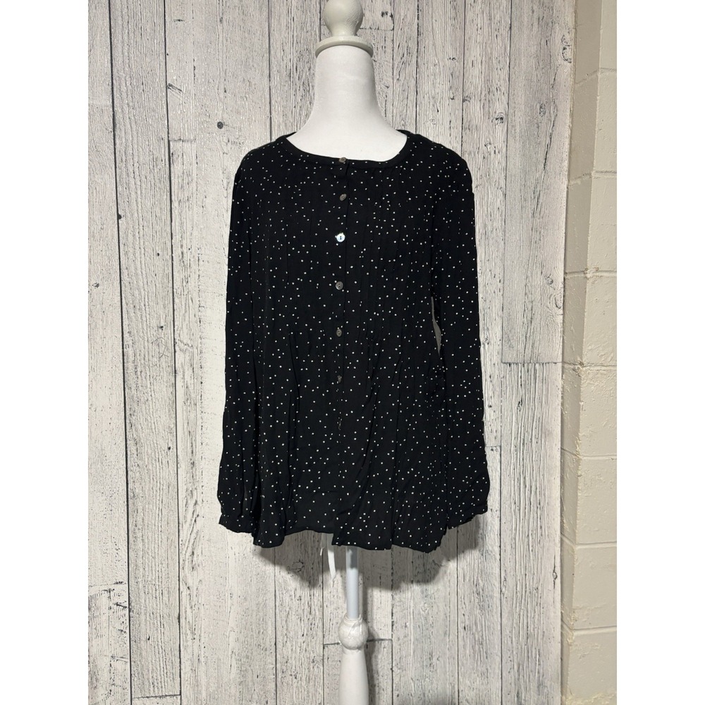 J Jill Womens Blouse Size Medium Button Front Black Spotted Long Sleeve Pleated